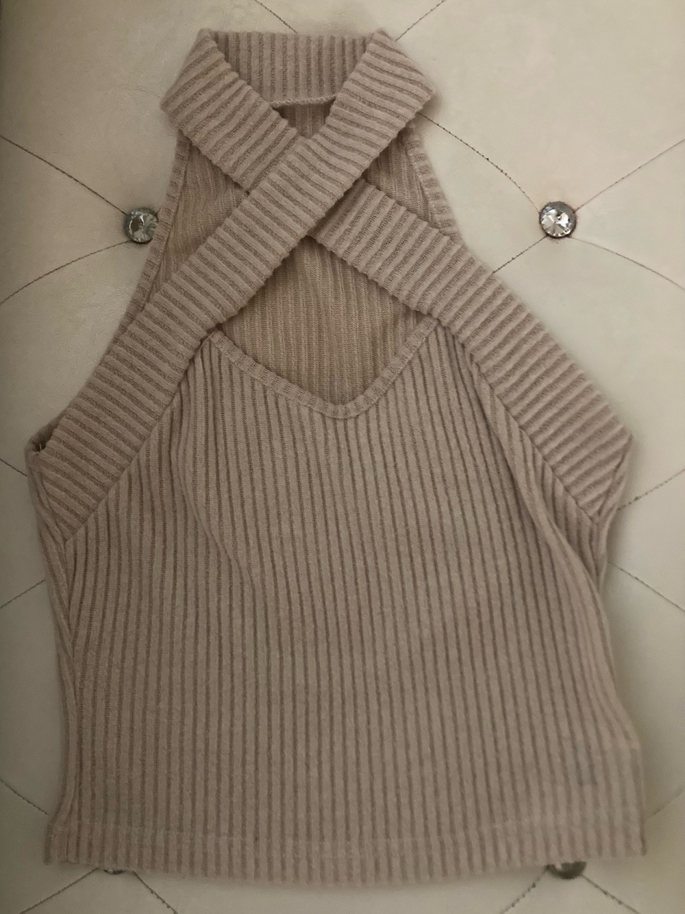 SHEIN Beige Ribbed Cross-Strap Tank Top